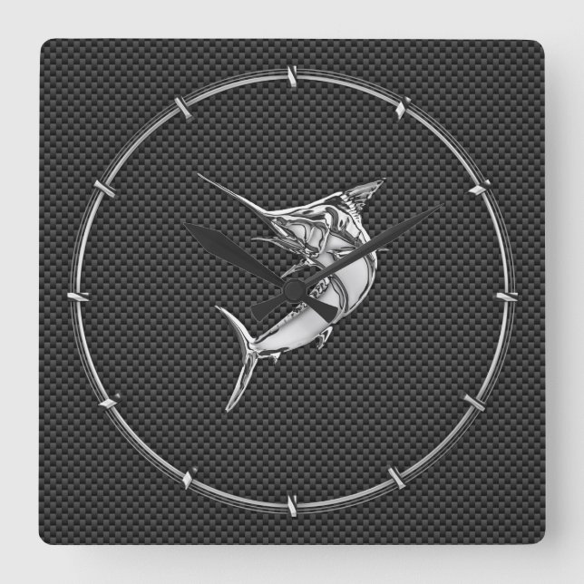 Chrome Style Marlin on Carbon Fibre Square Wall Clock (Front)