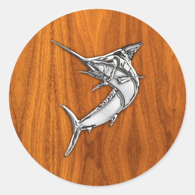 Chrome Style Marlin on Teak Wood Decor Classic Round Sticker (Front)