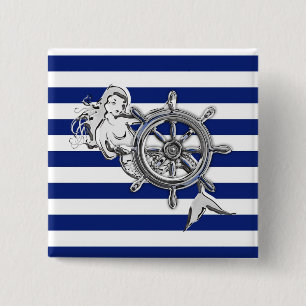 Chrome Style Mermaid on Nautical Stripes 15 Cm Square Badge