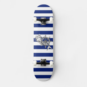 Chrome Style Mermaid on Nautical Stripes Skateboard