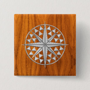 Chrome Style Nautical Compass Star on Teak Veneer 15 Cm Square Badge