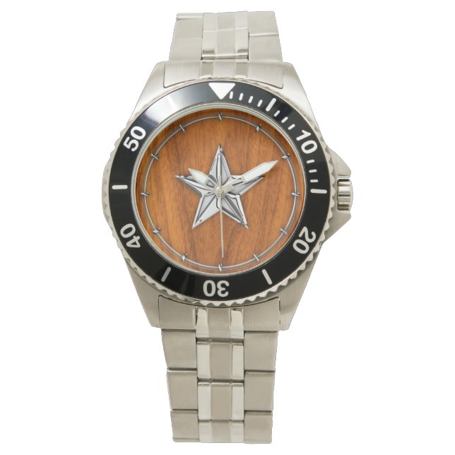 Chrome Style Nautical Star on Teak Veneer Watch (Front)