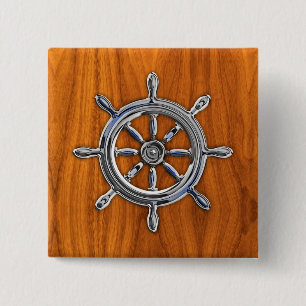 Chrome Style Nautical Wheel on Teak Veneer 15 Cm Square Badge