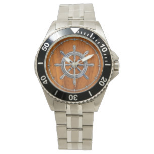 Chrome Style Nautical Wheel on Teak Veneer Watch