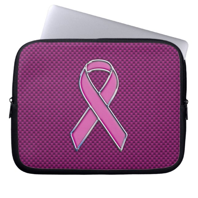Chrome Style Pink Ribbon Awareness Carbon Fiber Laptop Sleeve (Front)