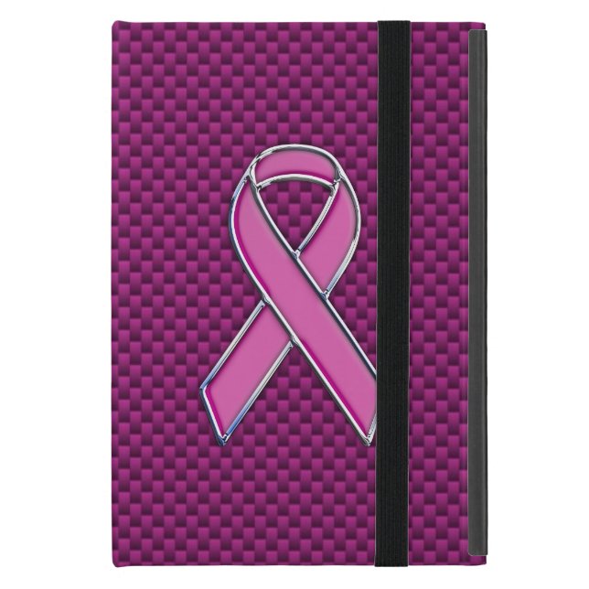Chrome Style Pink Ribbon Awareness Carbon Fibre iPad Mini Case (Front Closed)