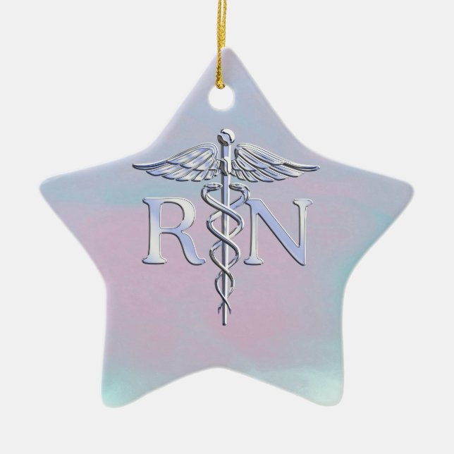 Chrome Style RN Caduceus Medical Mother Pearl Look Ceramic Tree Decoration (Front)