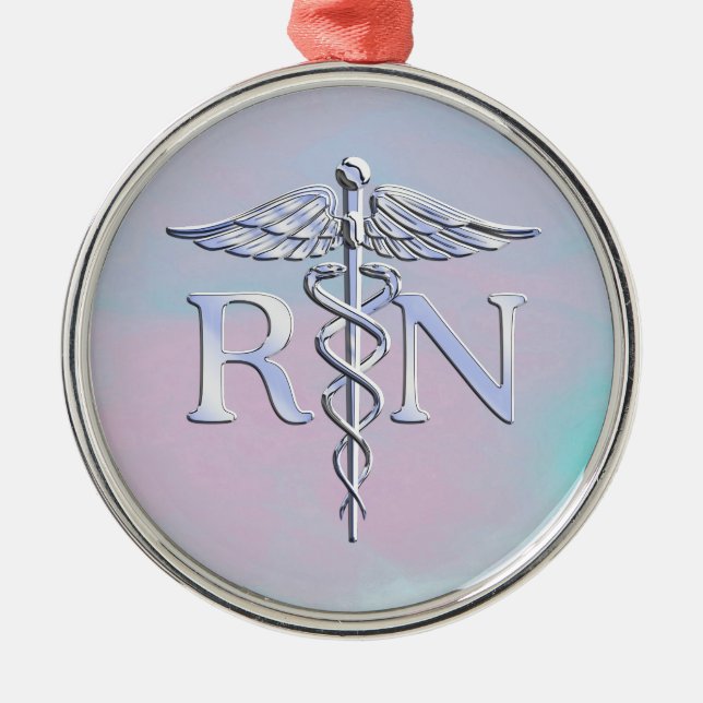 Chrome Style RN Caduceus Medical Mother Pearl Look Metal Tree Decoration (Front)
