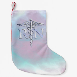 Chrome Style RN Caduceus Medical Mother Pearl Look Small Christmas Stocking