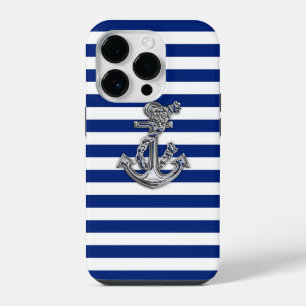 Chrome Style Rope Anchor on Nautical Stripes Decor iPhone 14 Pro Case