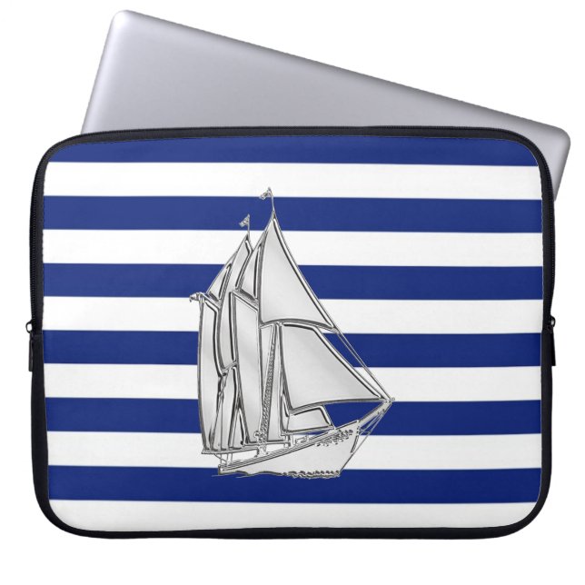 Chrome Style Sailboat on Nautical Stripes Laptop Sleeve (Front)