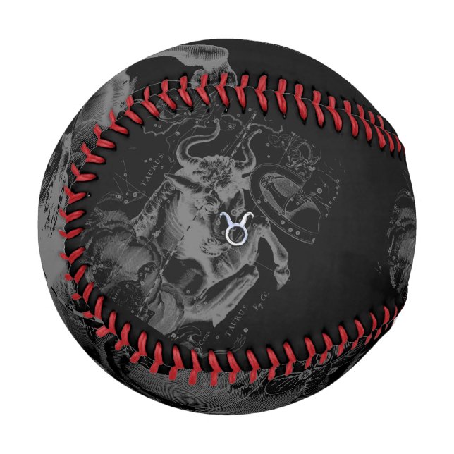 Chrome Style Taurus Zodiac Sign on Hevelius Black Baseball (Front Left)