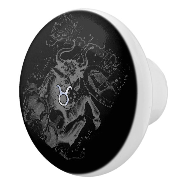 Chrome Style Taurus Zodiac Sign on Hevelius Black Ceramic Knob (Right)