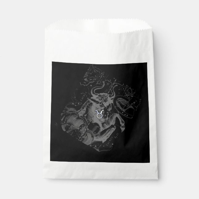 Chrome Style Taurus Zodiac Sign on Hevelius Black Favour Bags (Front)