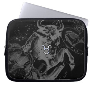 Chrome Style Taurus Zodiac Sign on Hevelius Black Laptop Sleeve