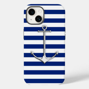 Chrome Style Thin Anchor on Blue Stripes iPhone 14 Case