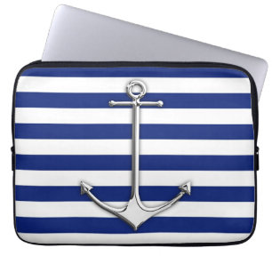 Chrome Style Thin Anchor on Navy Stripes Laptop Sleeve