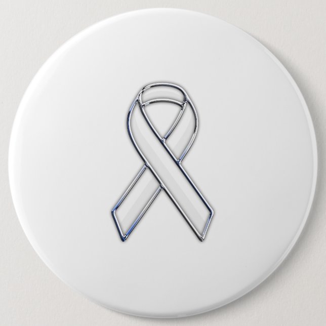 Chrome Style White Ribbon Awareness 6 Cm Round Badge (Front)