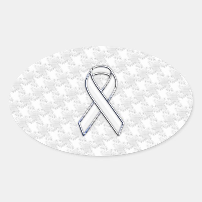 Chrome Style White Ribbon Awareness Houndstooth Oval Sticker (Front)