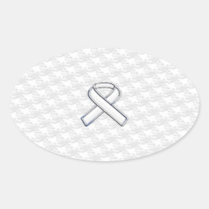 Chrome Style White Ribbon Awareness Houndstooth Oval Sticker