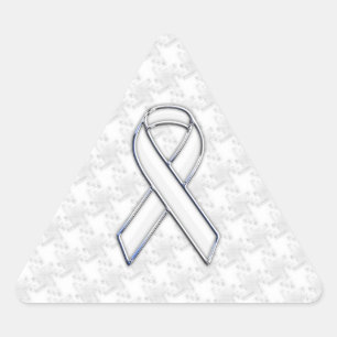 Chrome Style White Ribbon Awareness Houndstooth Triangle Sticker