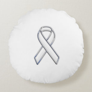 Chrome Style White Ribbon Awareness Round Cushion