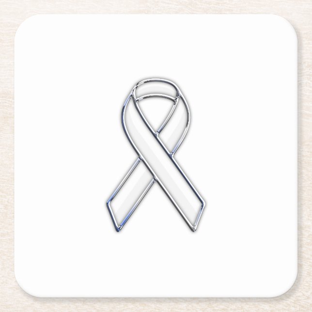 Chrome Style White Ribbon Awareness Square Paper Coaster (Front)