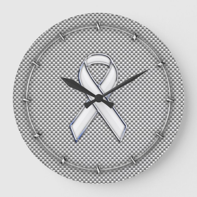 Chrome White Ribbon Awareness Carbon Fibre Decor Large Clock (Front)