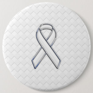 Chrome White Ribbon Awareness on Checkers 6 Cm Round Badge