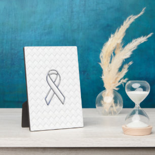 Chrome White Ribbon Awareness on Checkers Print Plaque