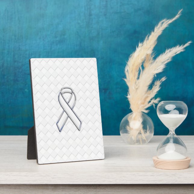 Chrome White Ribbon Awareness on Checkers Print Plaque (Side)