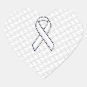 Chrome White Ribbon Awareness on Houndstooth Print Heart Sticker