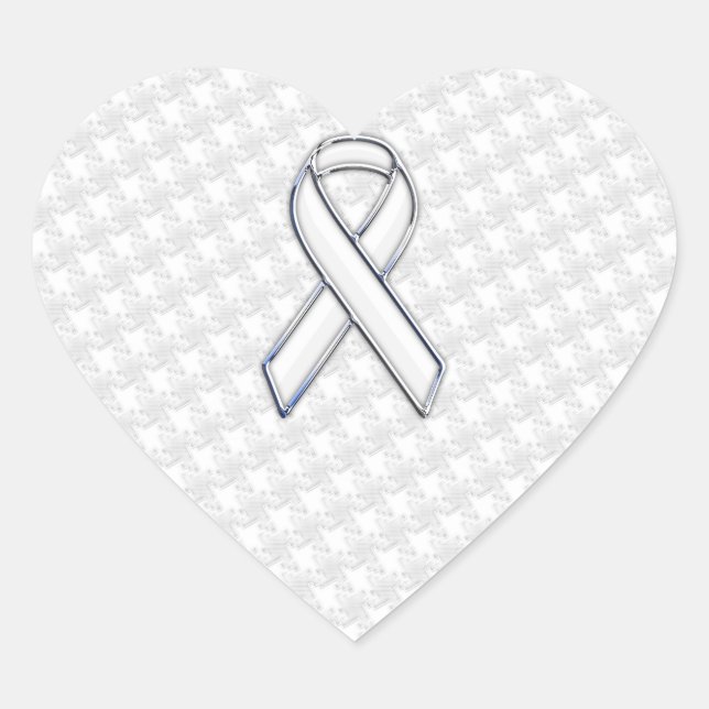 Chrome White Ribbon Awareness on Houndstooth Print Heart Sticker (Front)