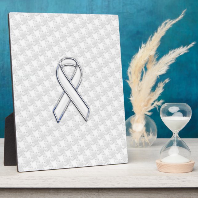Chrome White Ribbon Awareness on Houndstooth Print Plaque (Side)