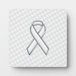 Chrome White Ribbon Awareness on Houndstooth Print Plaque