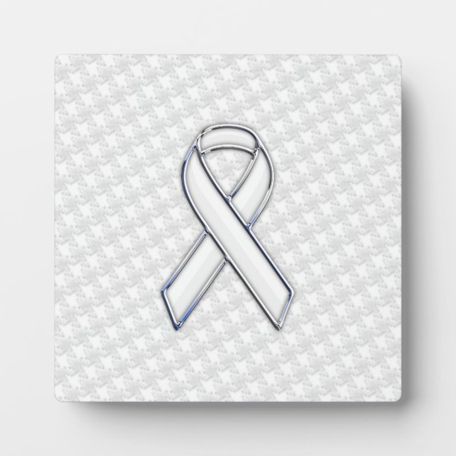 Chrome White Ribbon Awareness on Houndstooth Print Plaque (Front)