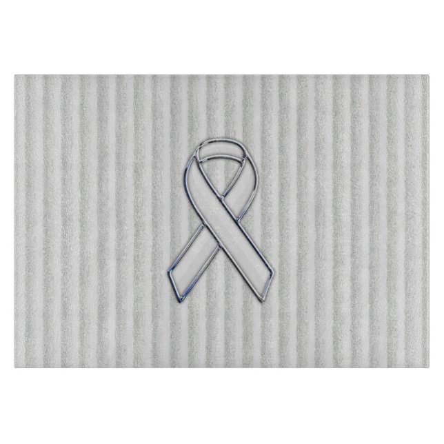 Chrome White Ribbon Awareness on Vertical Stripes Cutting Board (Front)