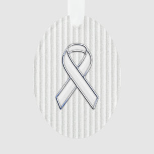 Chrome White Ribbon Awareness on Vertical Stripes Ornament