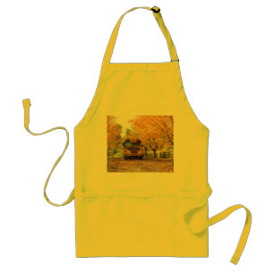 Chrome yellow school bus in the fall standard apron