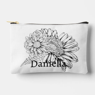 Chrysanthemum Black Line Drawing with Your Name Accessory Pouch