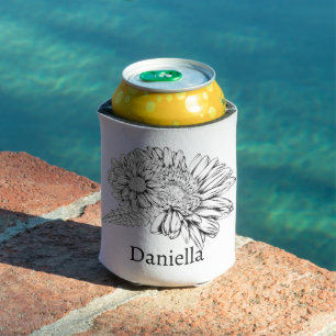 Chrysanthemum Black Line Drawing with Your Name Can Cooler