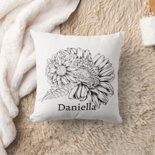 Chrysanthemum Black Line Drawing with Your Name  Cushion