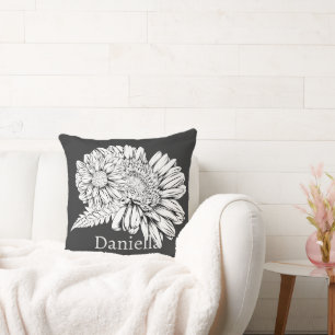 Chrysanthemum Black Line Drawing with Your Name  Cushion