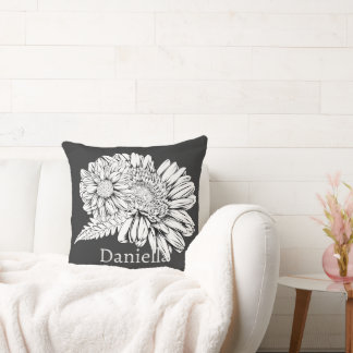 Chrysanthemum Black Line Drawing with Your Name  Cushion