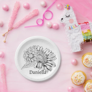 Chrysanthemum Black Line Drawing with Your Name  Paper Plate