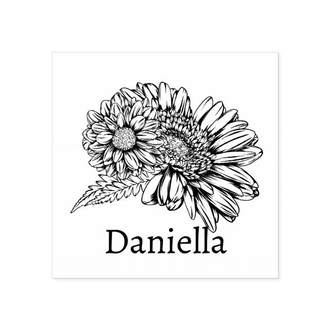 Chrysanthemum Black Line Drawing with Your Name  Rubber Stamp (Imprint)