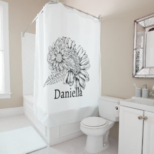 Chrysanthemum Black Line Drawing with Your Name  Shower Curtain
