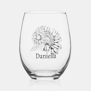 Chrysanthemum Black Line Drawing with Your Name Stemless Wine Glass