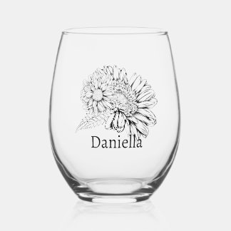Chrysanthemum Black Line Drawing with Your Name  Stemless Wine Glass