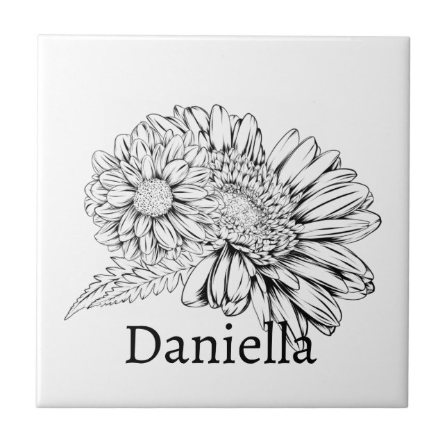 Chrysanthemum Black Line Drawing with Your Name  Tile (Front)